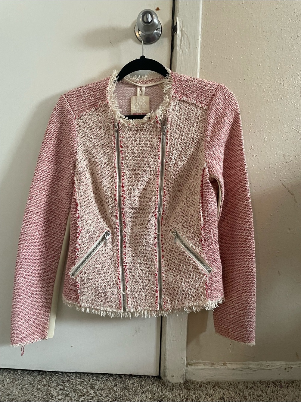 REBECA TAYLOR Pink Tweed Fringe Zip Jacket